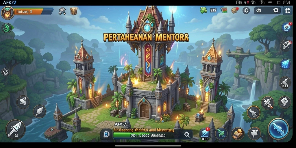 Screenshot menunjukkan pertahanan menara yang kuat dalam pertempuran.