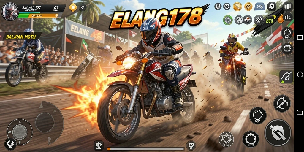 Screenshot gameplay ELANG178 menunjukkan balapan motor yang mendebarkan.