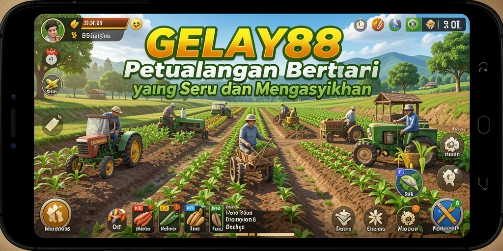 Screenshot utama GELAY88 menunjukkan kebun yang subur dan beragam tanaman.