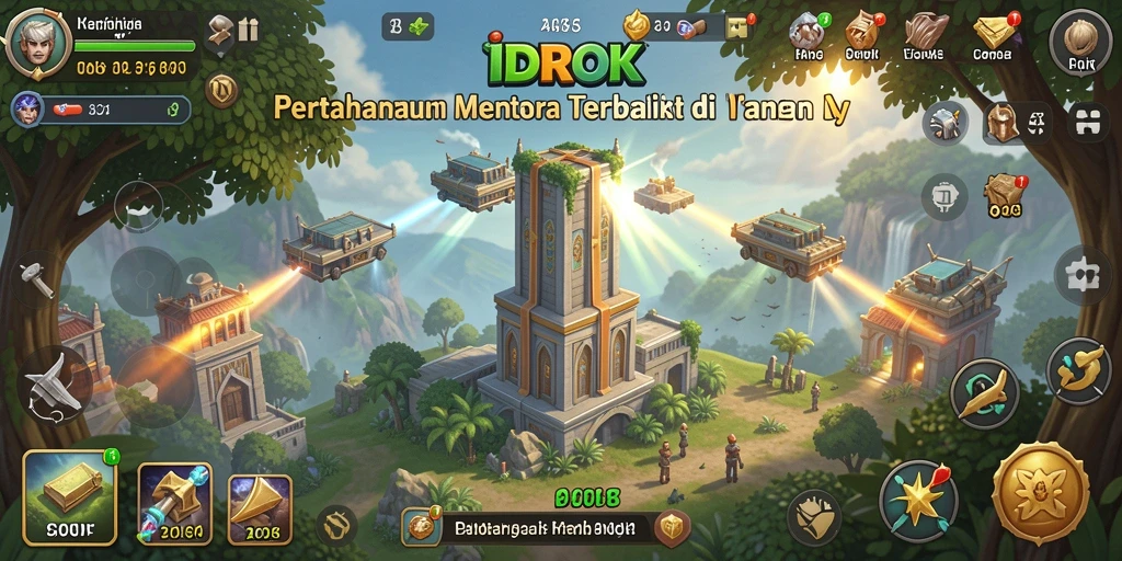 Screenshot utama IDROK menampilkan aksi pertarungan Tower Defense yang seru.