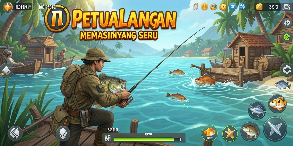 Screenshot gameplay menunjukkan aksi memancing yang seru