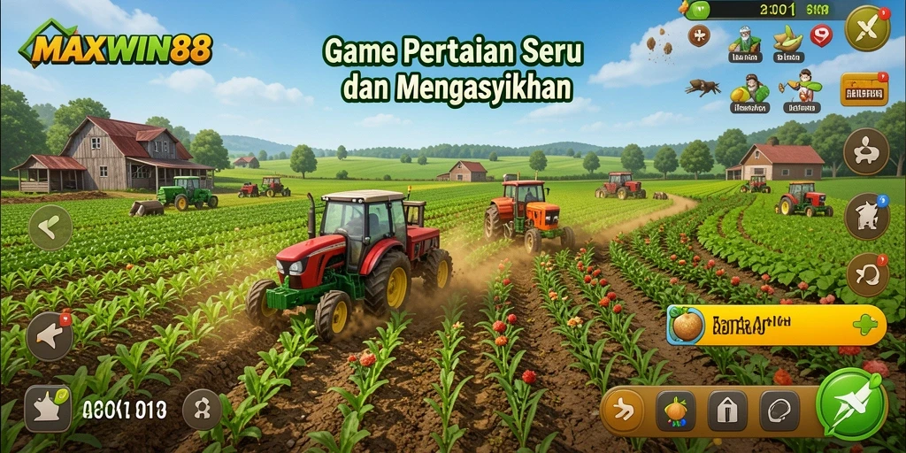Screenshot gameplay <strong>MAXWIN88</strong> menampilkan aktivitas bertani yang seru dan interaktif.