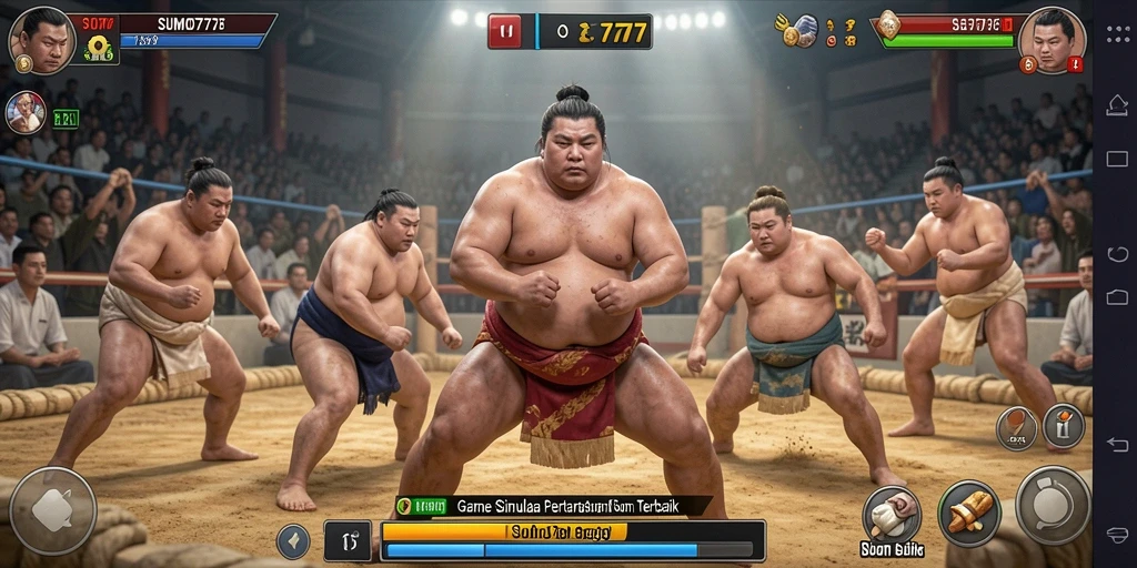 Screenshot utama menunjukkan aksi seru pertarungan sumo dalam game.